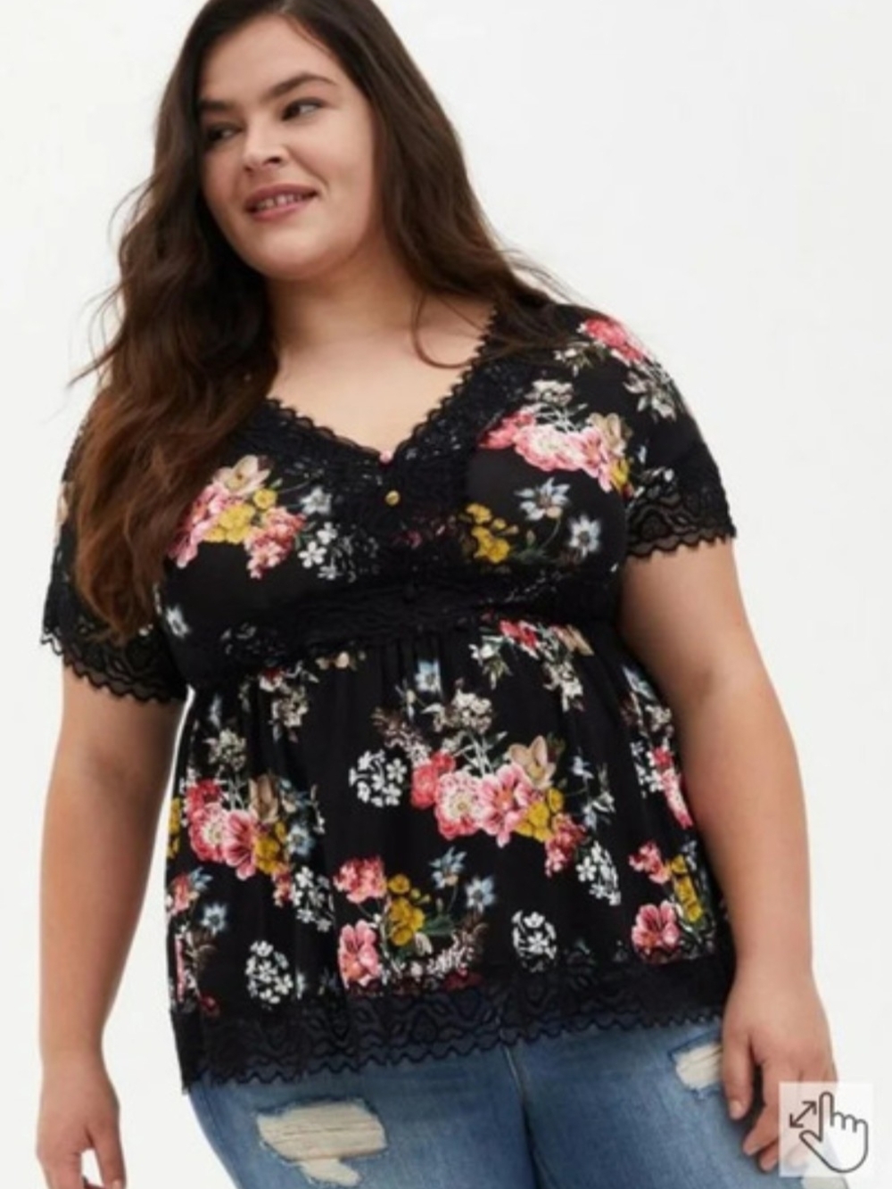Torrid Super Soft Knits Peplum Babydoll Top Black Lace With Floral Print Size 2